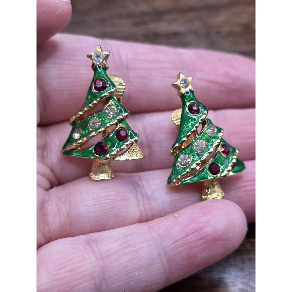 Christmas tree clip-ons W/green enamel, and red And Clear Rhinestones